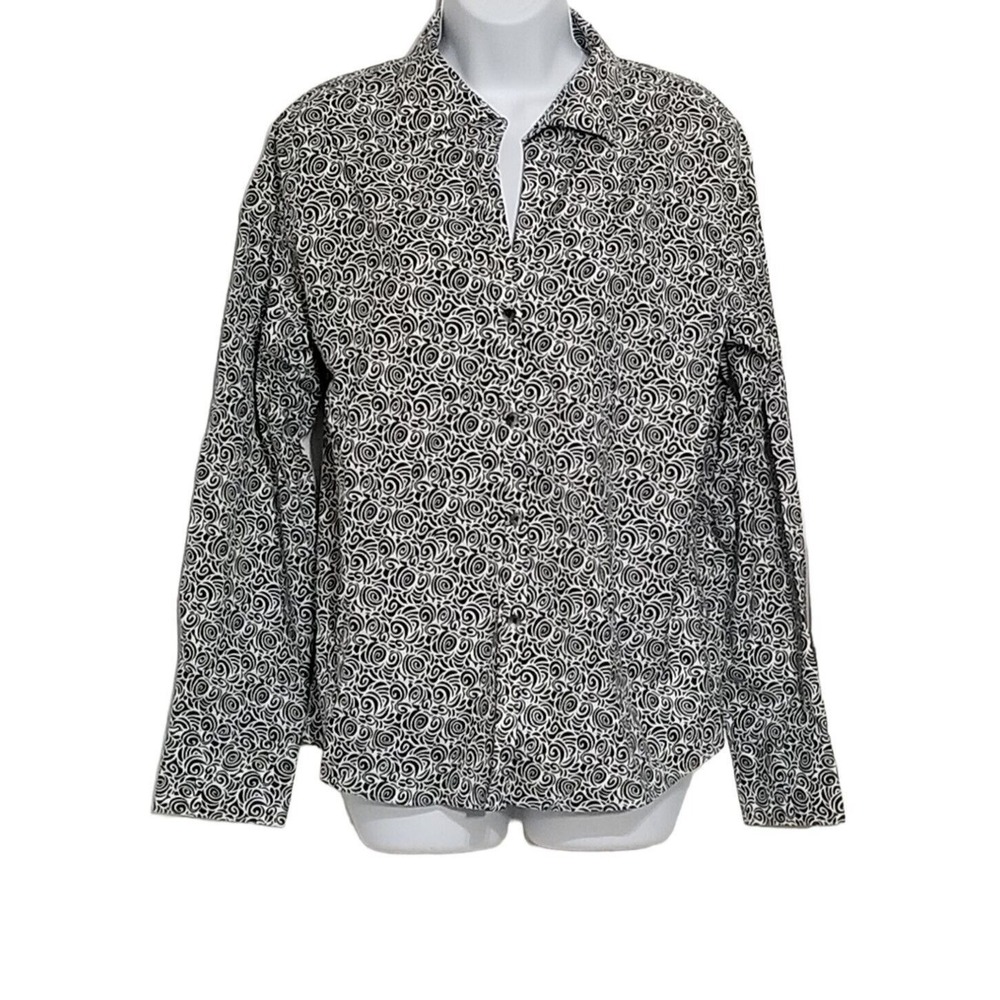 Alex Marie Womens 14 Blouse Wrinkle Free Stretch Black White Button Front Long S